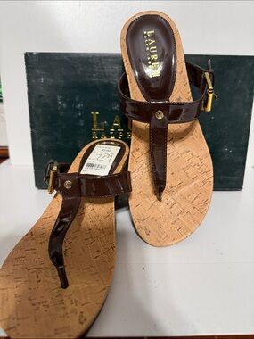 Lauren Ralph Lauren Brown Cork Wedge Thong Sandals with Gold Buckle